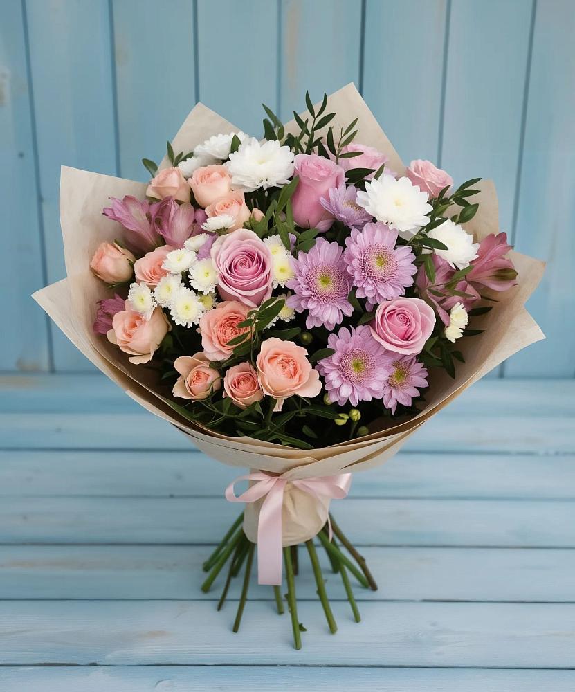 Букет цветов из: Хризантемы, Розы и Альстромерии в поселок им. Кирова