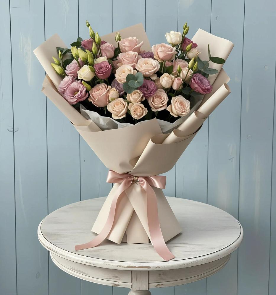 Букет цветов из: Розы и Лизиантусы в поселок им. Кирова