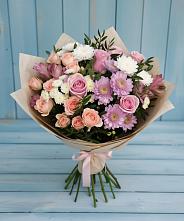 Букет цветов из:  Хризантемы, Розы и Альстромерии в поселок им. Кирова